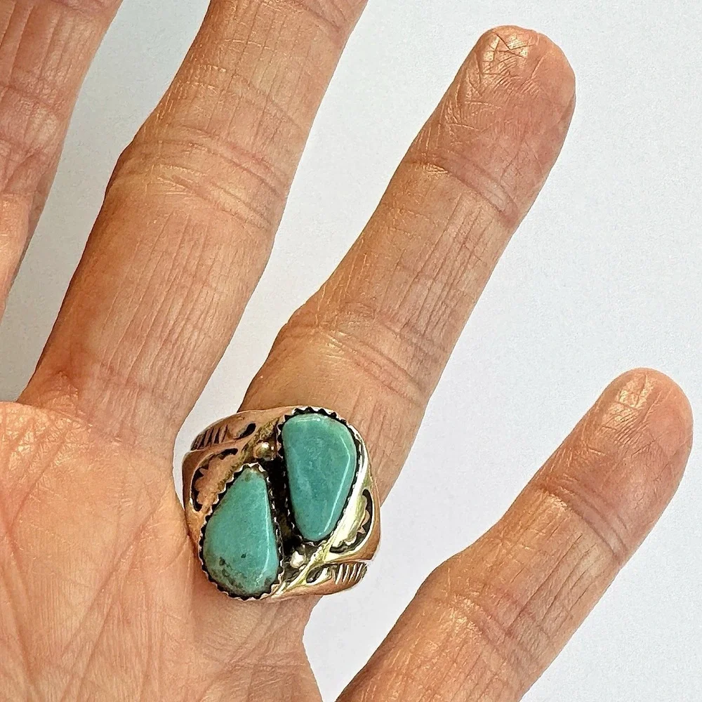 Mens Turquoise Navajo Band Sz 10.5 Two Stone Ring 21mm Signed ML Handmade Native